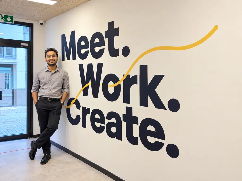 A person beside wall lettering reading ‘Meet. Work. Create.’