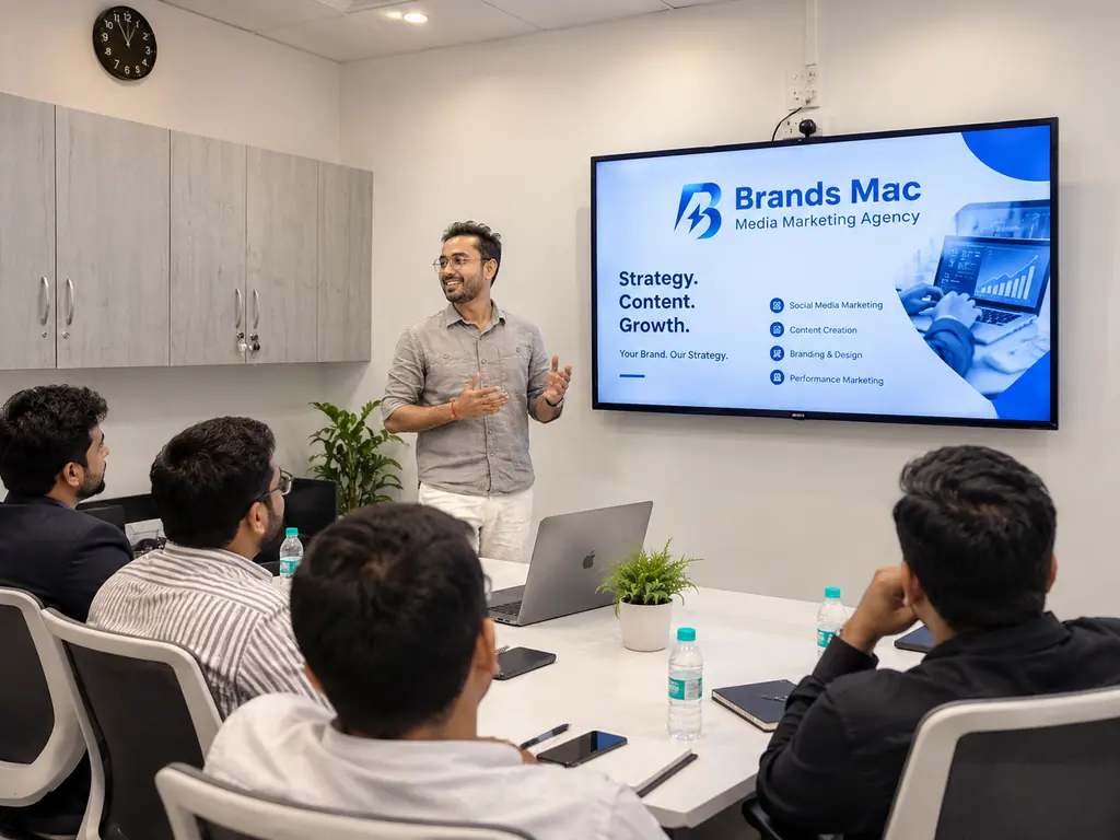 A presenter speaking to a seated group beside a Brands Mac display.