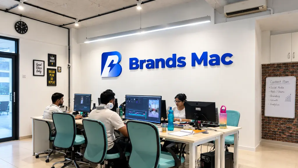 People at workstations beneath a Brands Mac wall sign.
