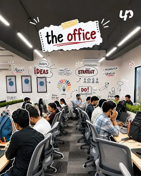 People working at desks in an open-plan workspace.